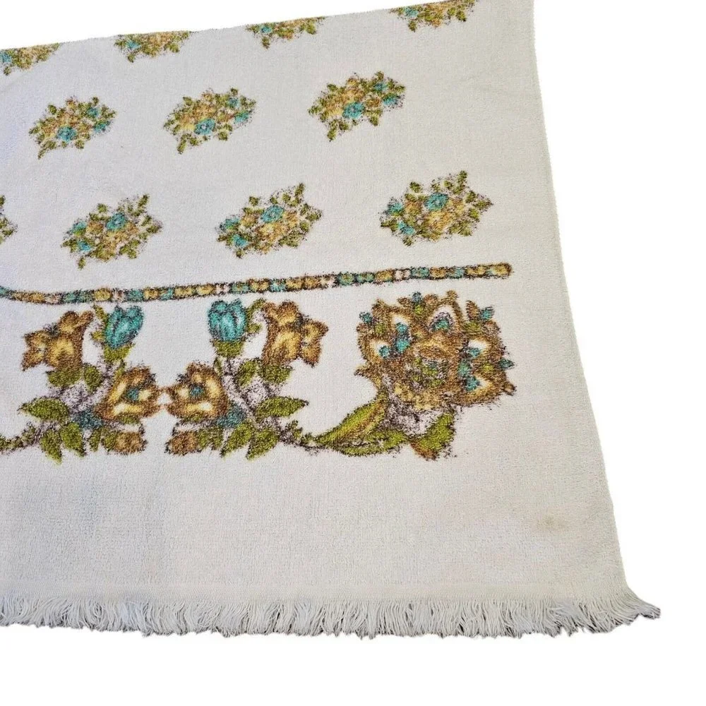 VTG Boho Yellow Blue White Floral Bath‎ Towel Set 22 X 39